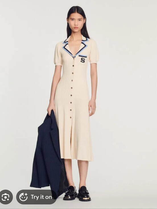 Sandro Dresses & Skirts - Sandro Florine Knit Midi Dress Cream Beige Button-Down Polo Navy Blue Trim Maxi